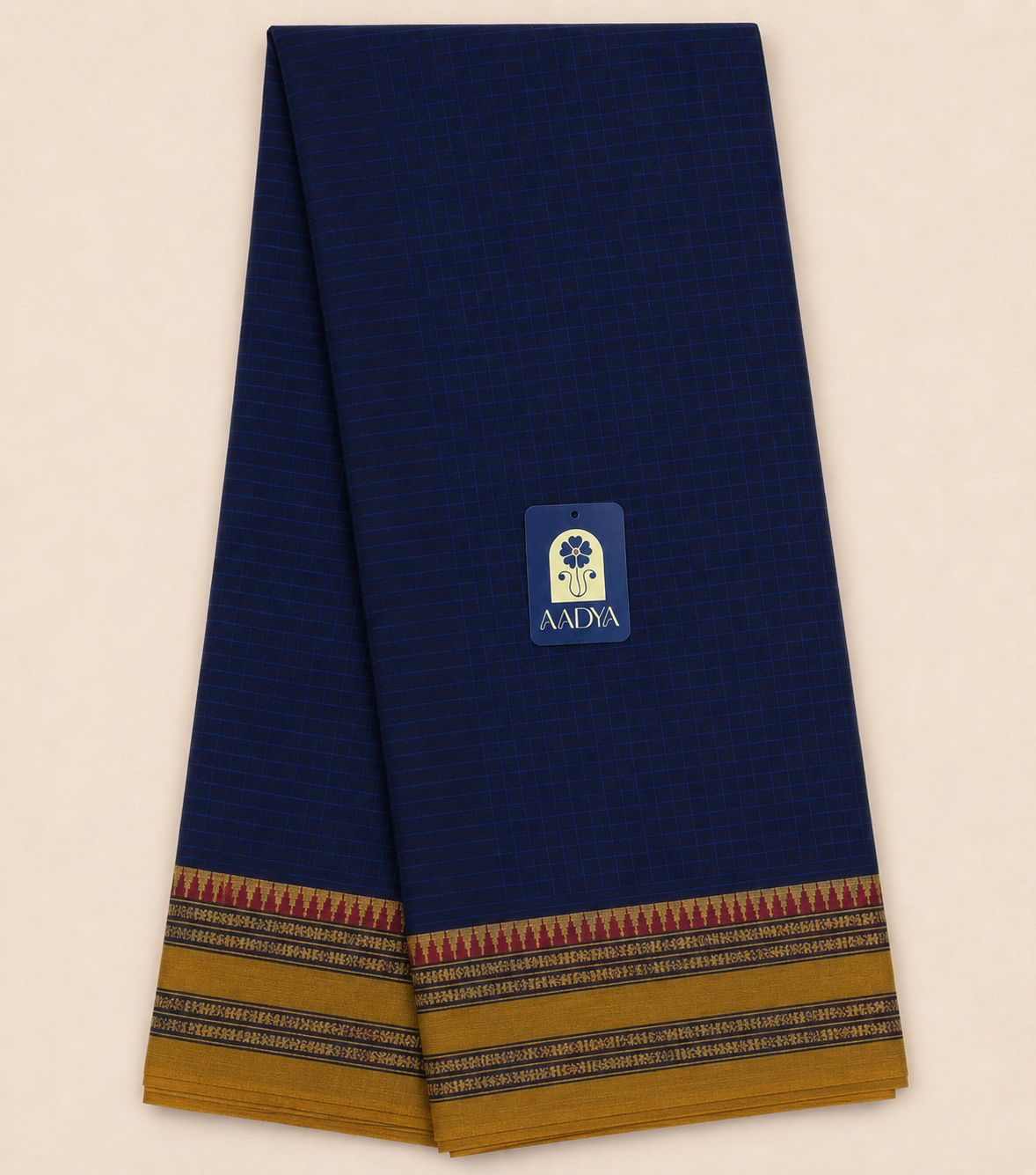 Navy Blue Narayanpet Cotton Saree with Zari Temple Motifs