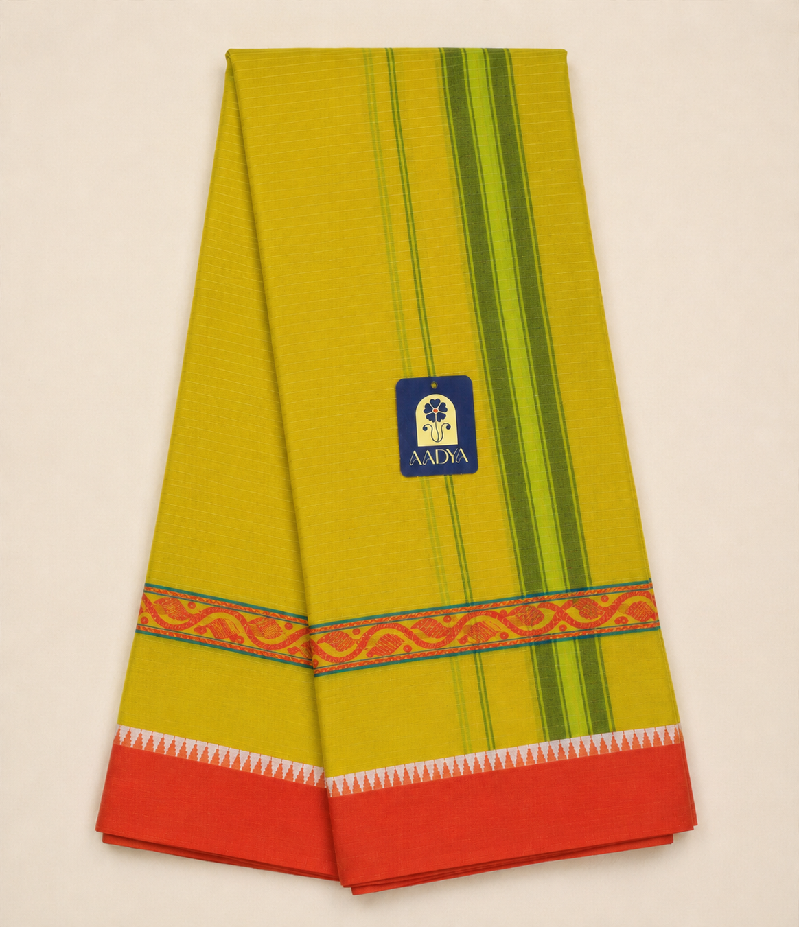 Yellow & White Narayanpet Cotton Saree with Temple Design Border