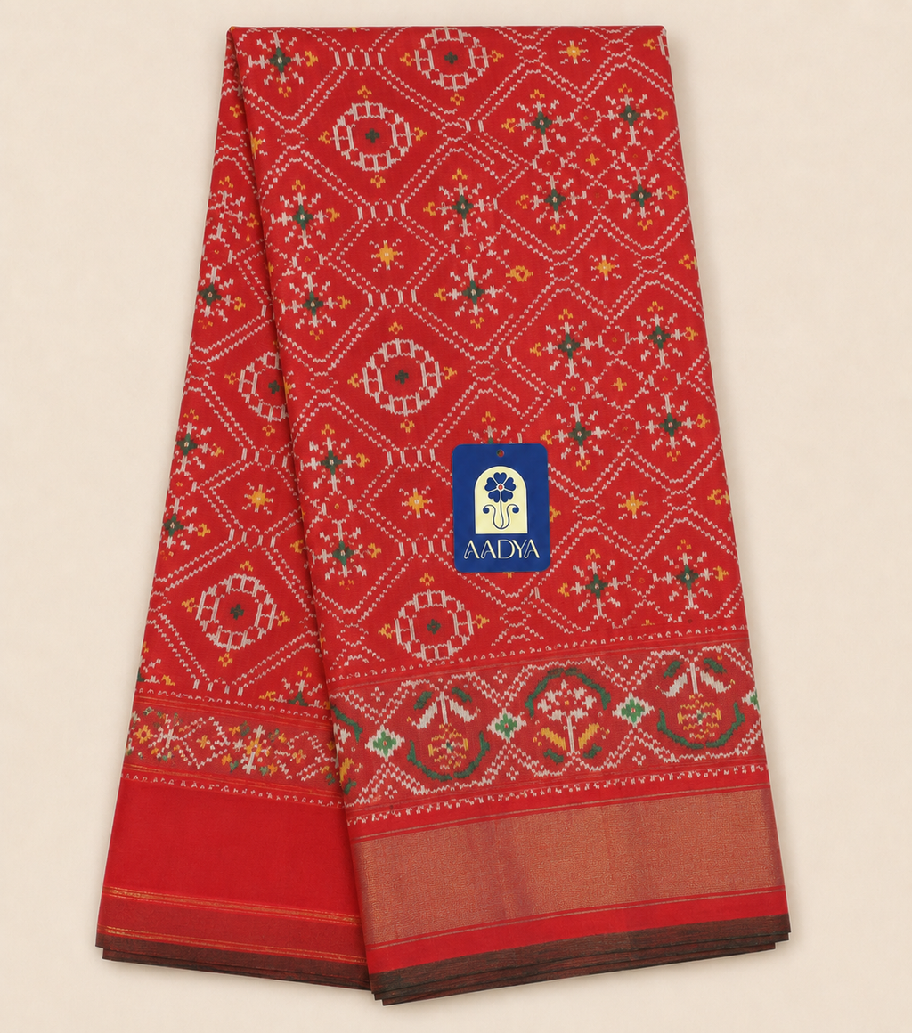 Red Puttapaka Ikkat Sico Saree with Ikkat Design, Zari Border & Maroon Selvage
