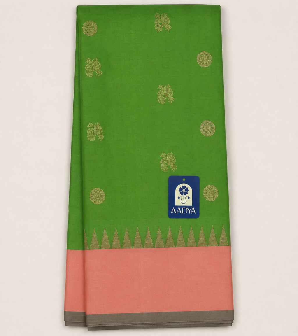 Parrot Green Gadwal Silk Saree with Peacock Round Zari Buttis, Pink Border & Zari Work Pallu