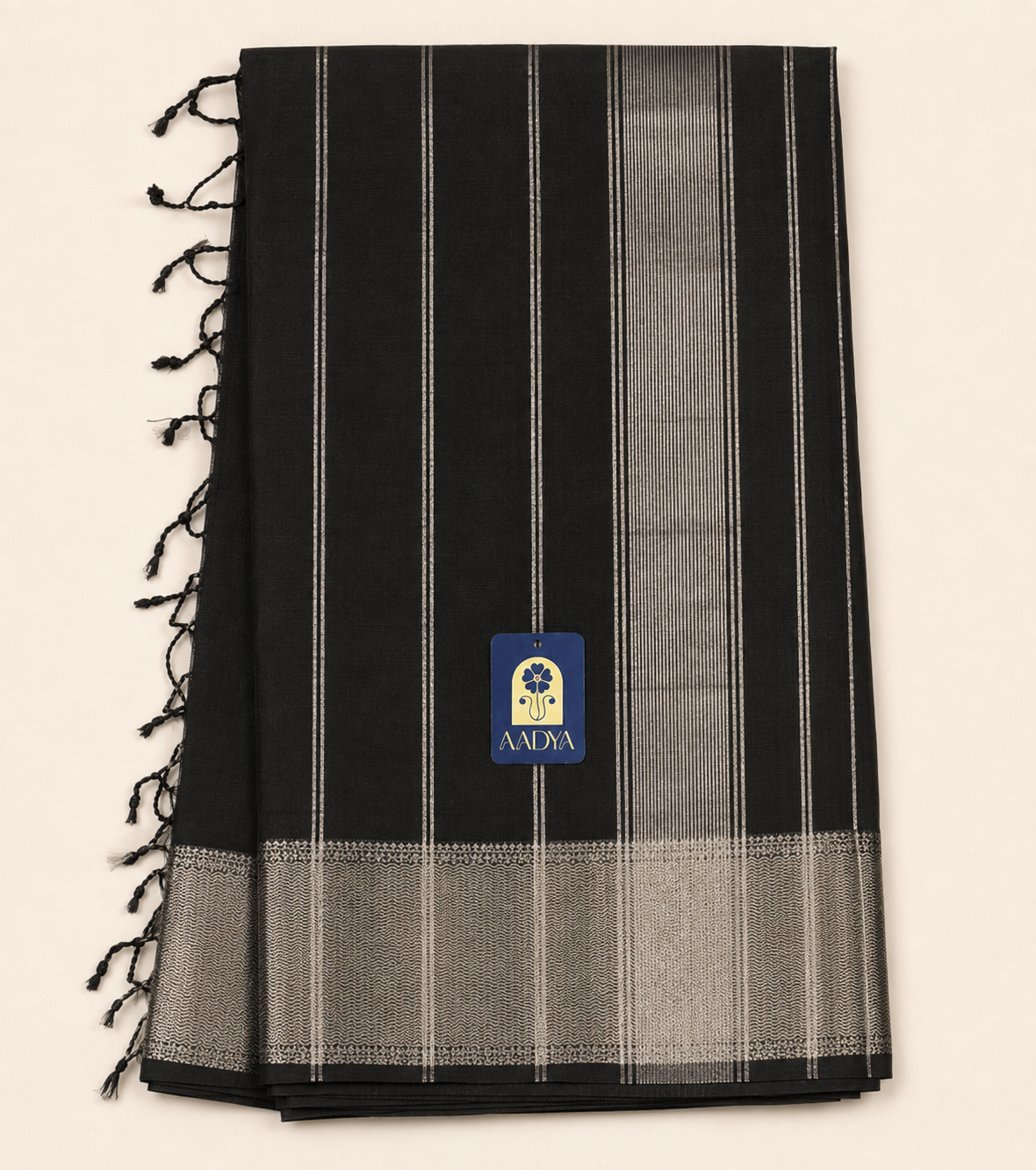 Black Maheshwari Silk Saree with Silver Zari Border & Striped Pallu