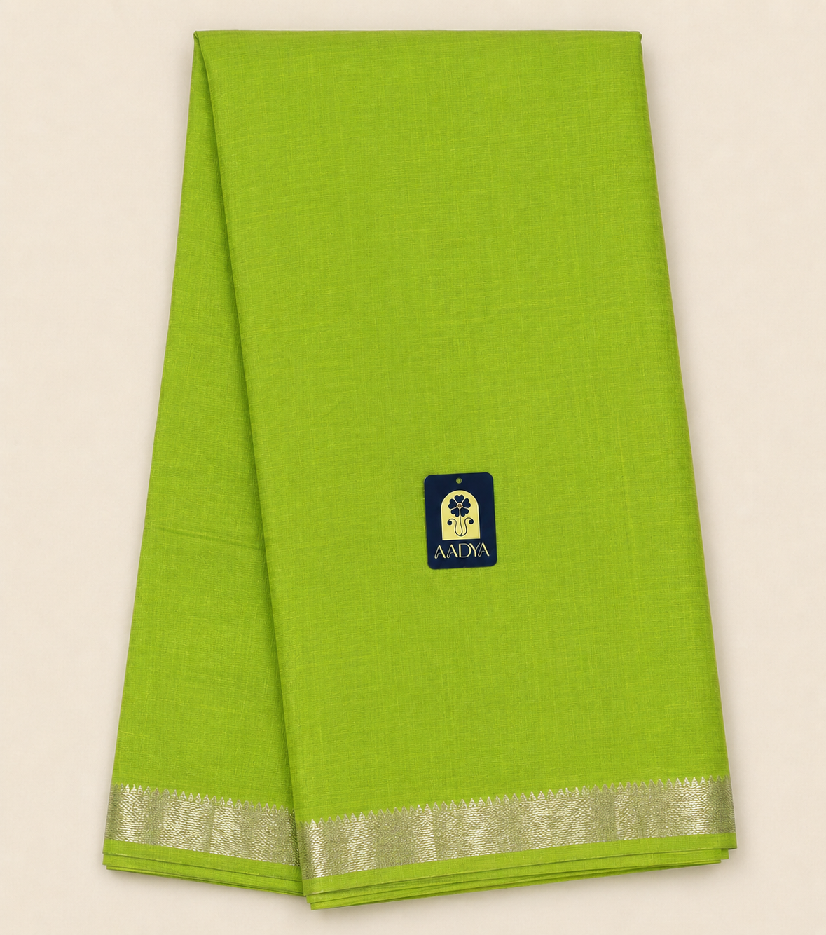 Parrot Green Mangalgiri Sico Saree with Silver Zari Border & Striped Pallu