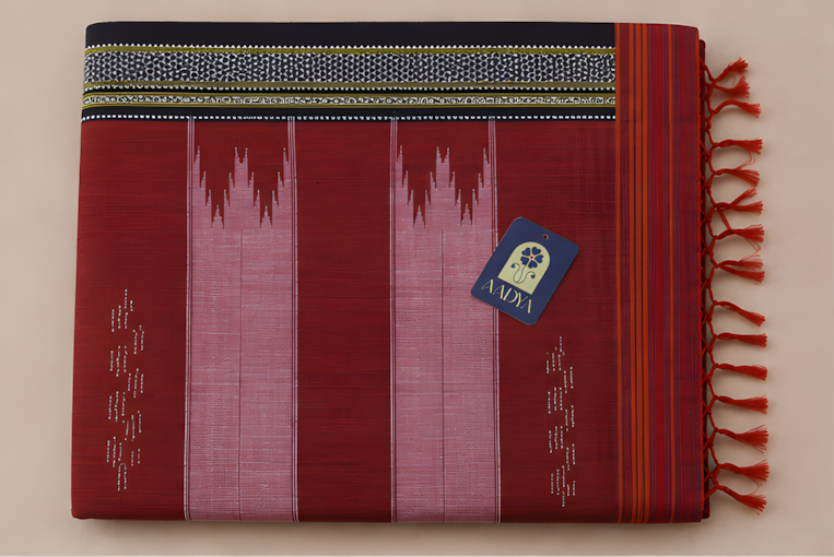 Maroon Ilkal Cotton Saree with White Lines & Black Gayathri Border