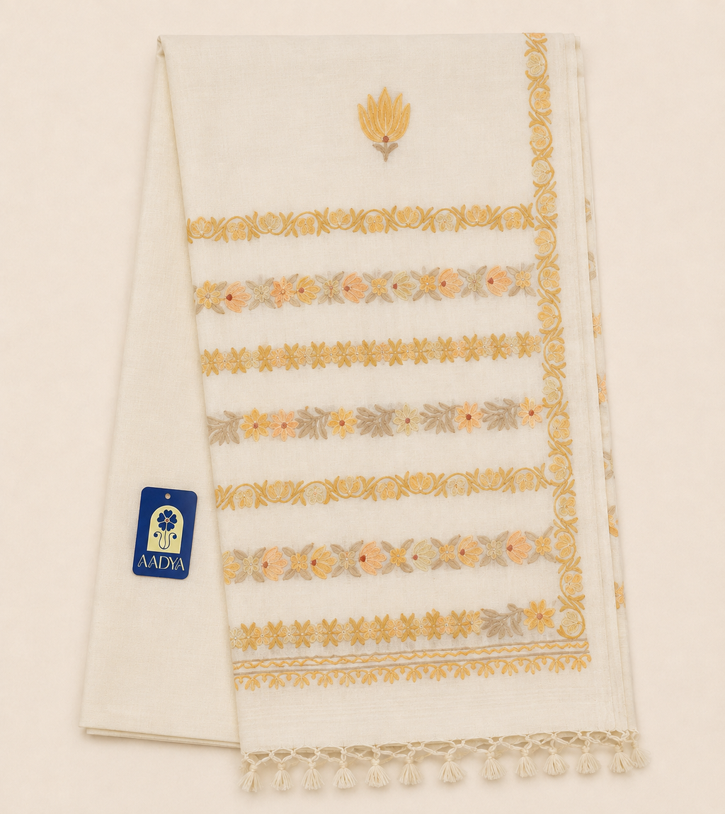 White Khadi Cotton Saree with Floral Kashmir Work & Detailed Pallu