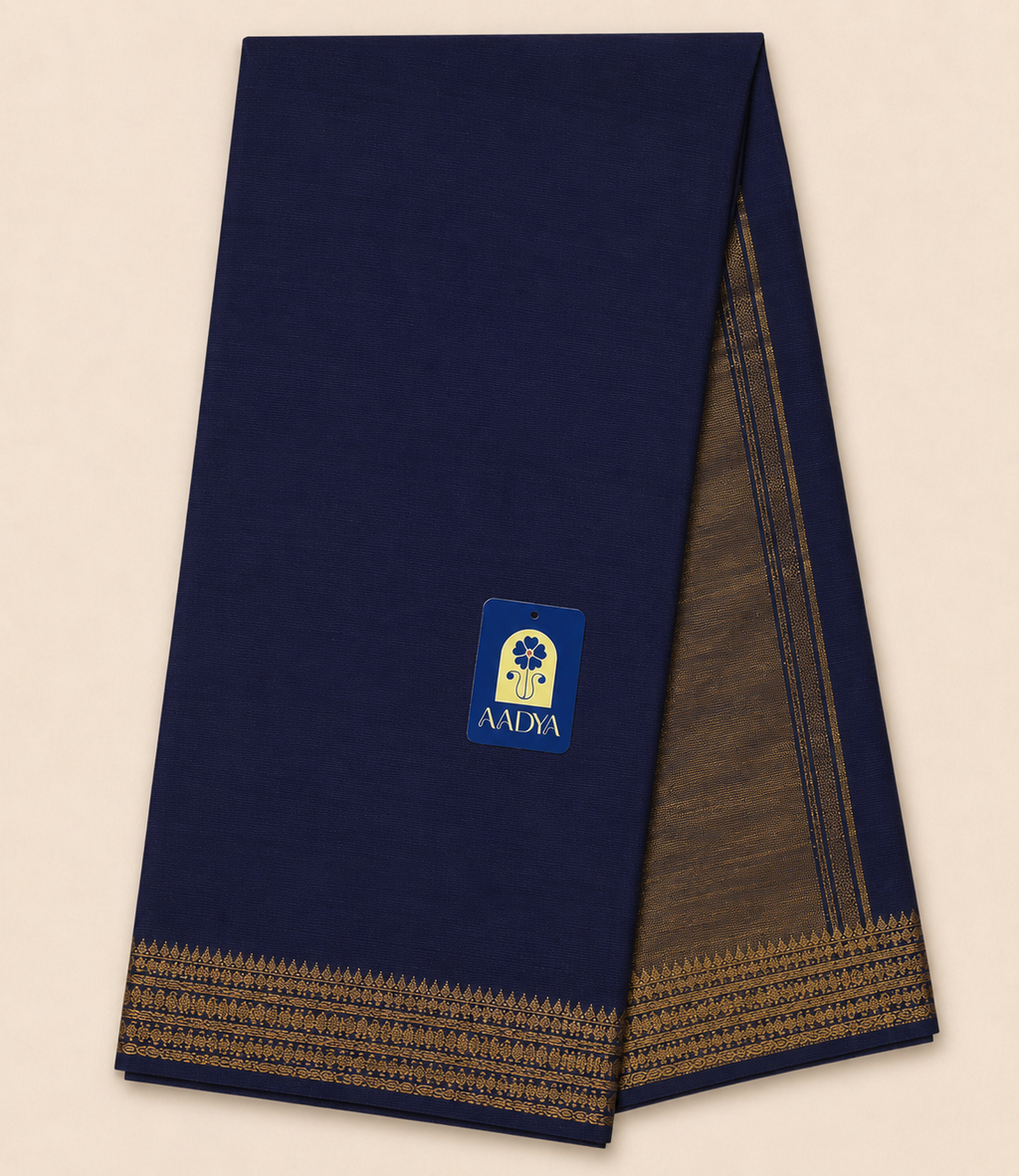 Navy Blue Mangalgiri Cotton Saree with Zari Border & Zari Lines Pallu