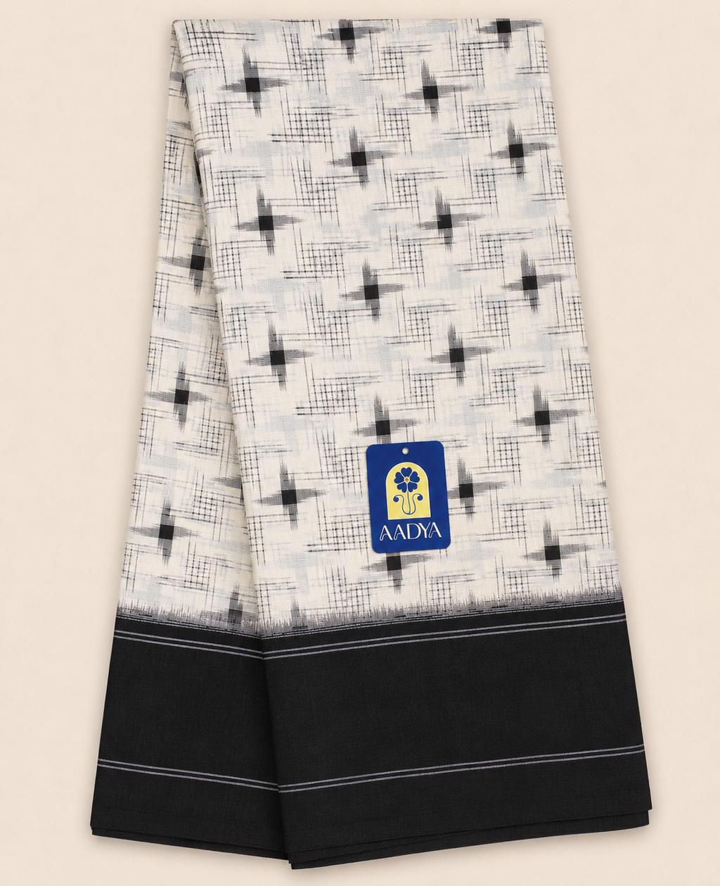 Off White Puttapaka Ikkat Cotton Saree with Geometric Motifs, Black Border & Designer Pallu