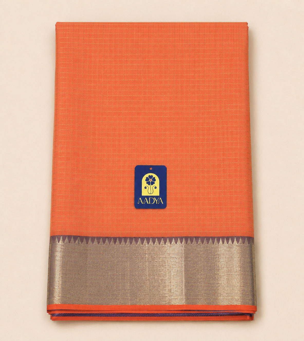 Peach Mangalgiri Sico Saree with Checks & Purple Silver Zari Border