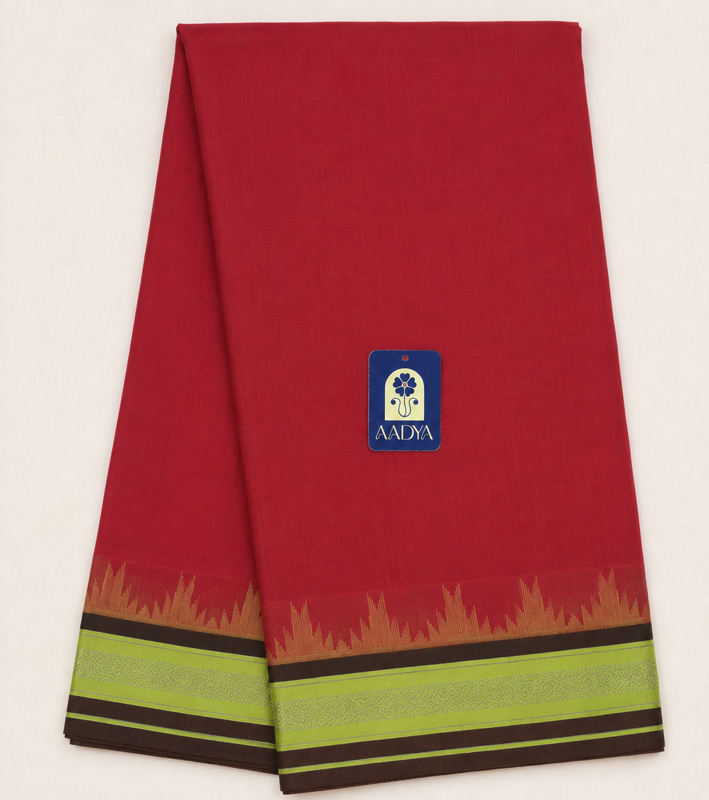 Pinkish Red Ponduru Khadi Cotton Saree with Neon Yellow Zari Border
