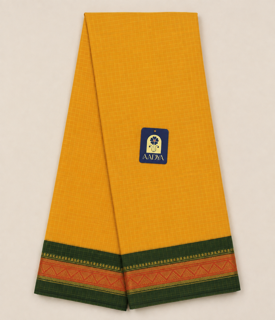 Yellow & Light Yellow Narayanpet Cotton Saree with Green & Red Zari Border