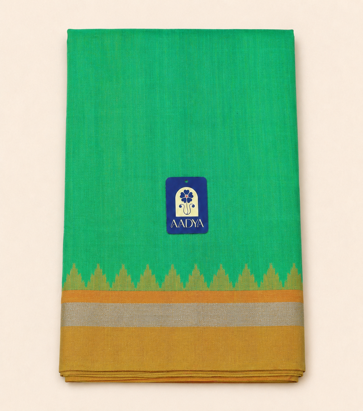 Green Puttapaka Ikkat Silk Saree with Orange & Yellow Ganga Jamuna Border