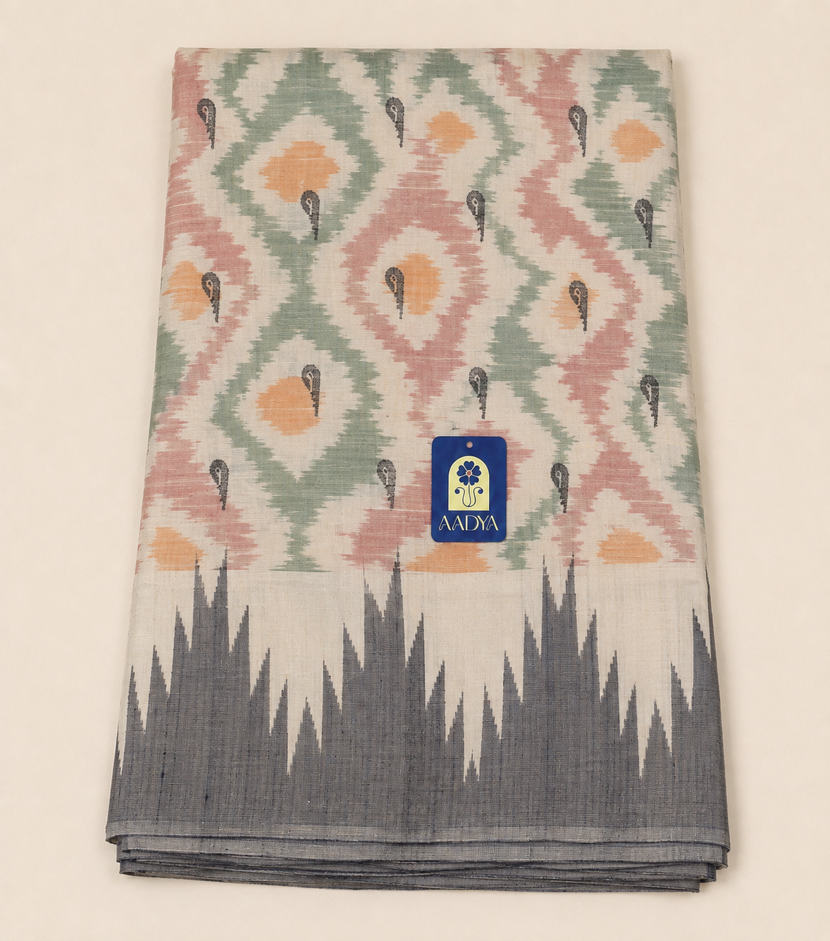 Off White Ikkat Gadwal Silk Saree with Diamond-Eye Geometric Motifs & Muniya Butti Pallu