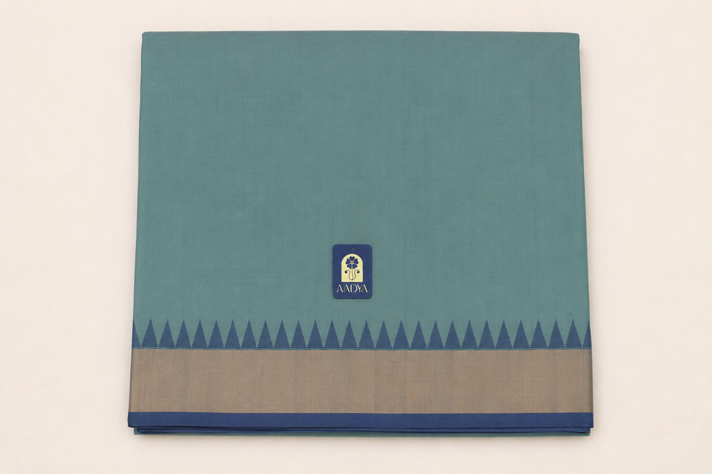 Pista Green Ponduru Khadi Cotton Saree with Gold Zari Border & Blue-Grey Selvage