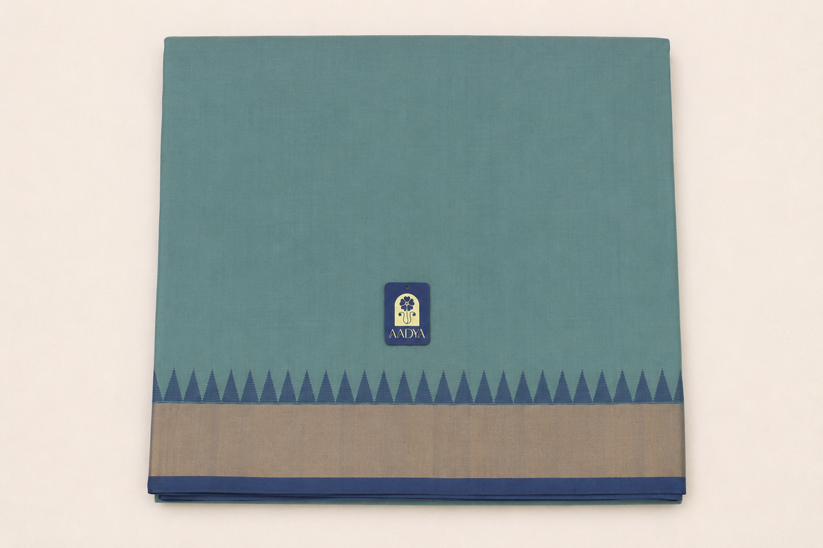 Pista Green Ponduru Khadi Cotton Saree with Gold Zari Border & Blue-Grey Selvage