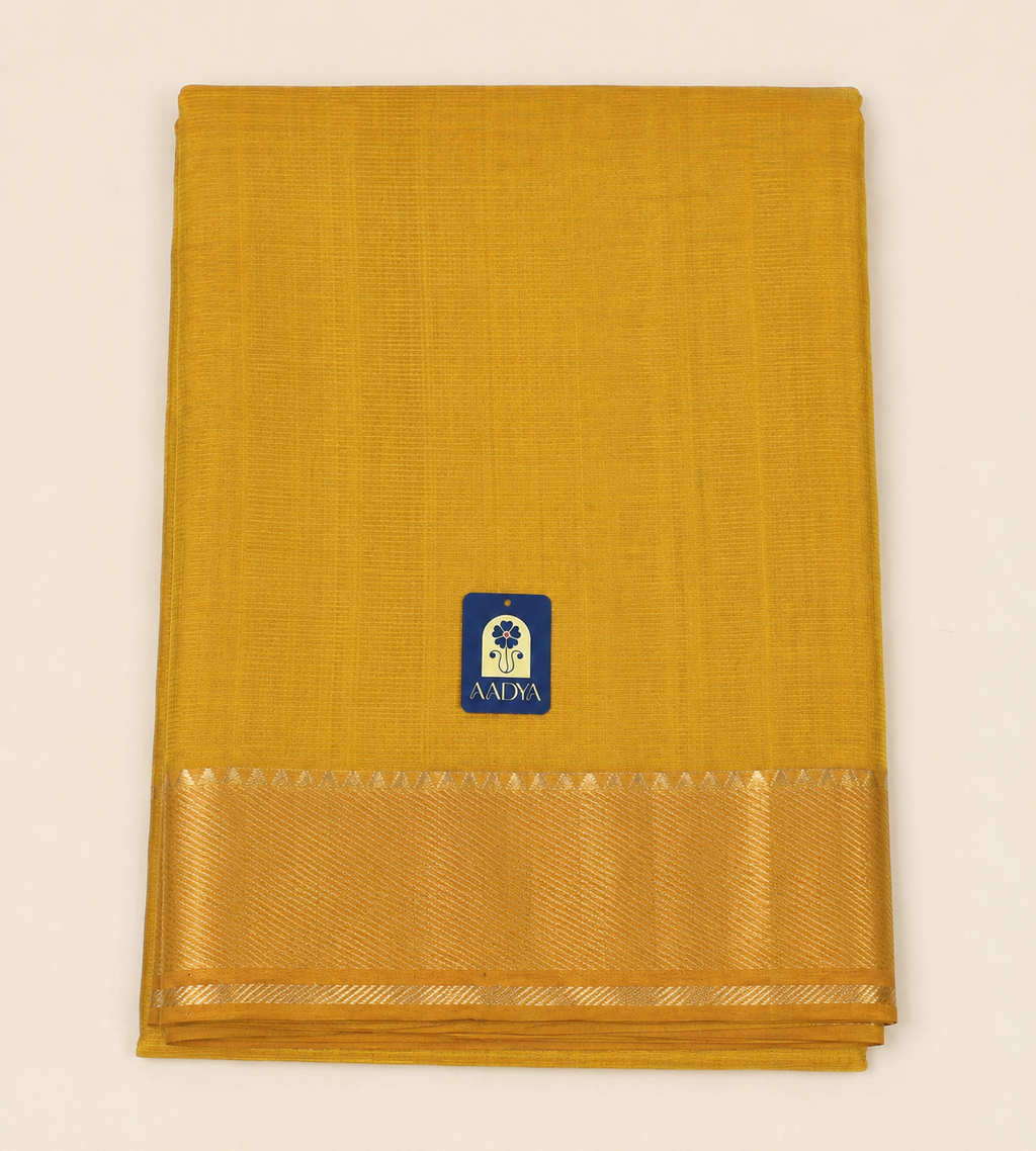 Mustard Yellow Mangalgiri Sico Saree with Silver Zari Border & Pallu