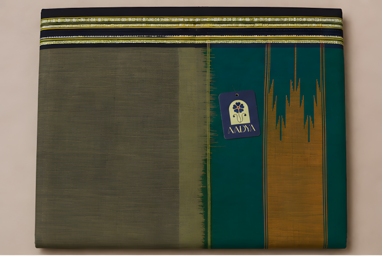 Olive Green Ilkal Cotton Saree with Black Gayathri Border & Traditional Pallu