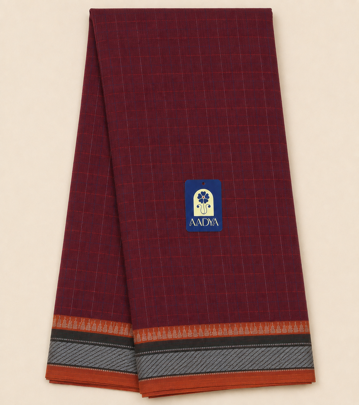 Maroon Narayanpet Cotton Saree with Orange Temple Geometric Border & Yellow Pallu