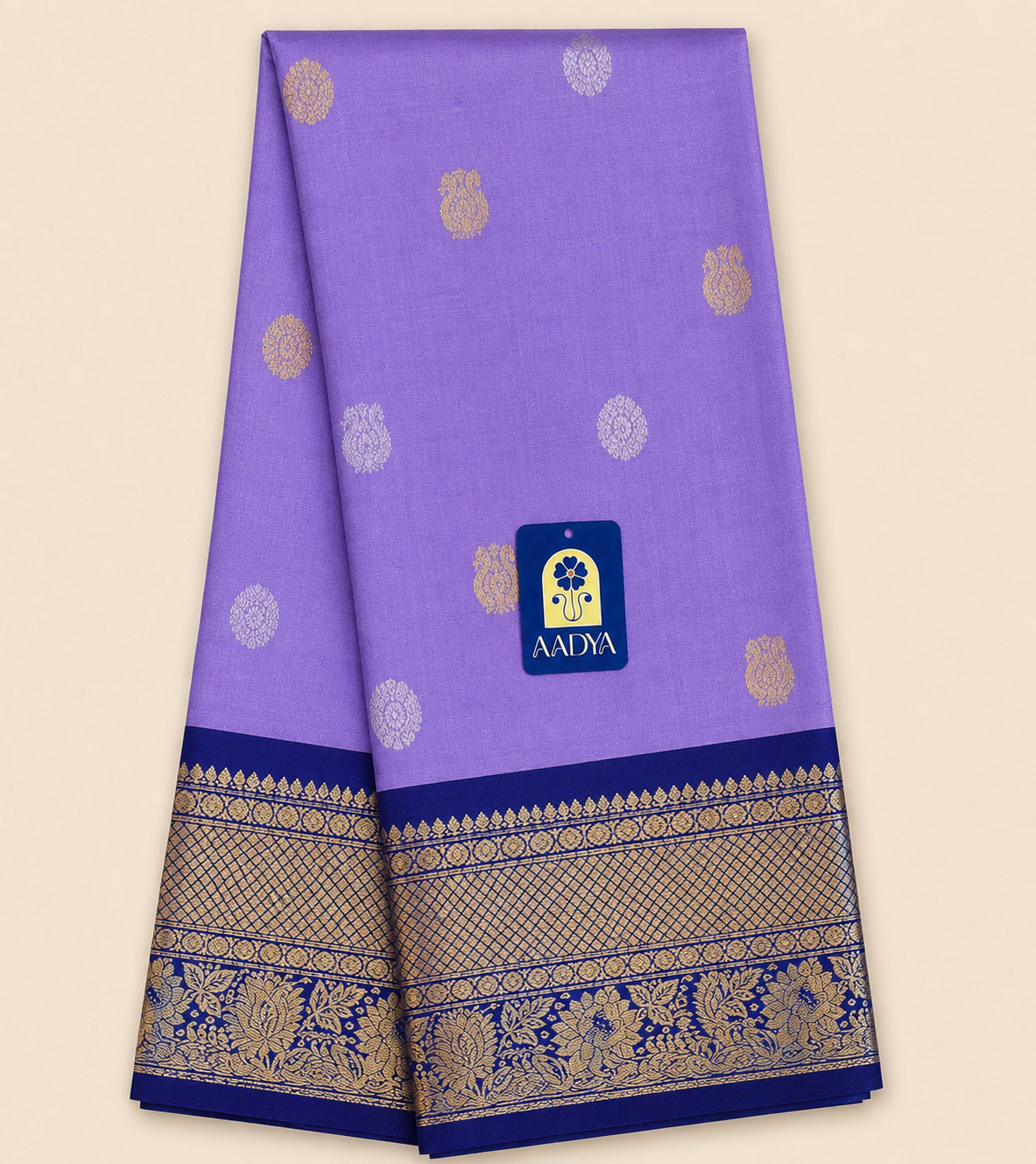 Lavender Gadwal Sico Saree with Silver & Gold Peacock and Floral Buttis, Navy Blue Zari Border