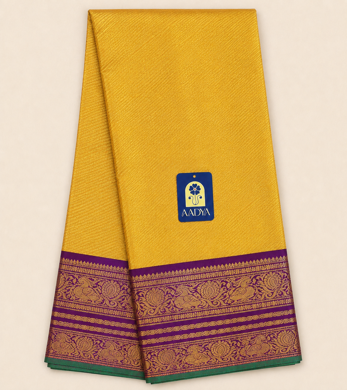 Yellow Gadwal Twill Silk Saree with 2GM Gold Zari & Rani Pink Bird Zari Border