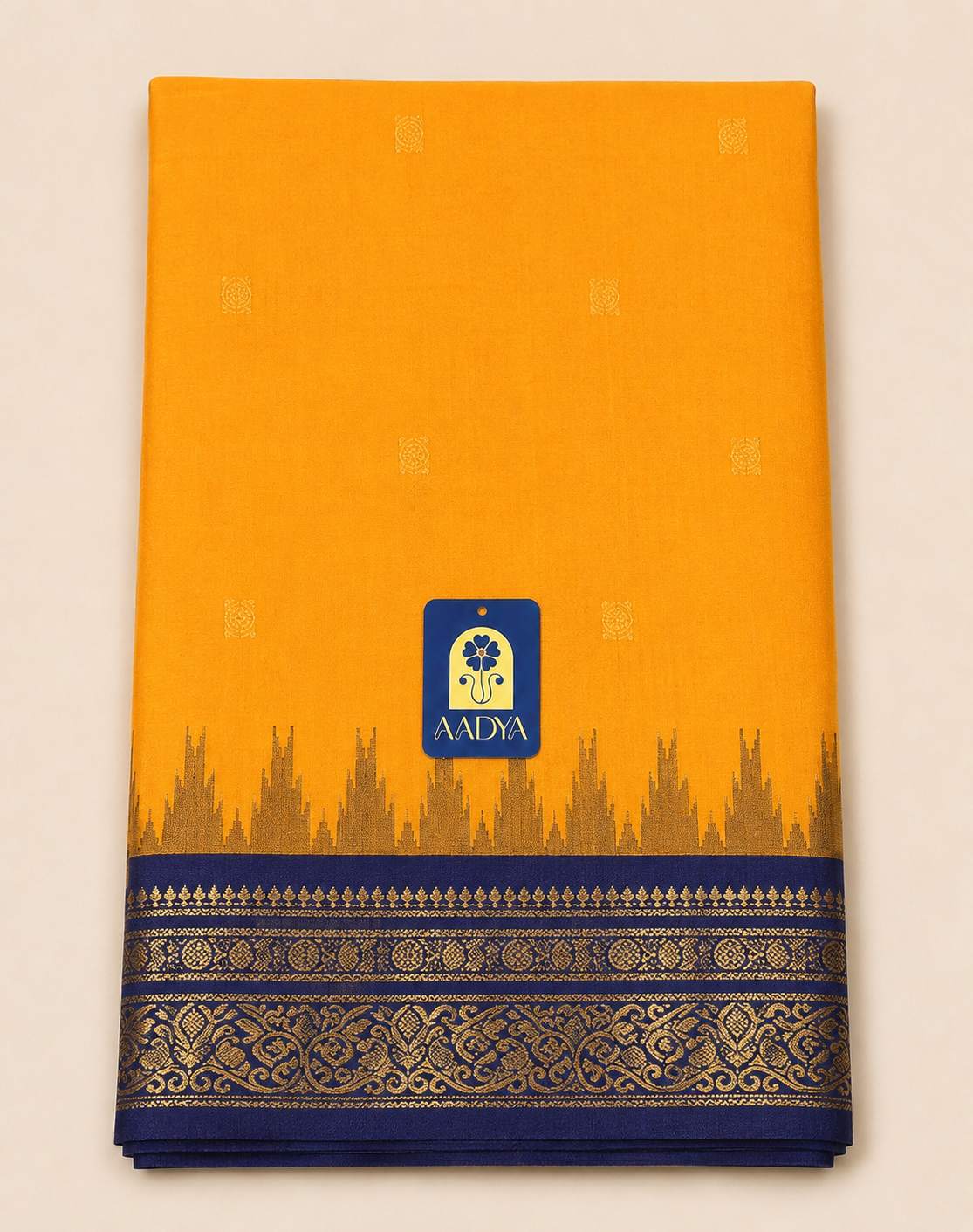 Yellow Gadwal Silk Saree with Zari Buttis & Navy Blue Floral Zari Border