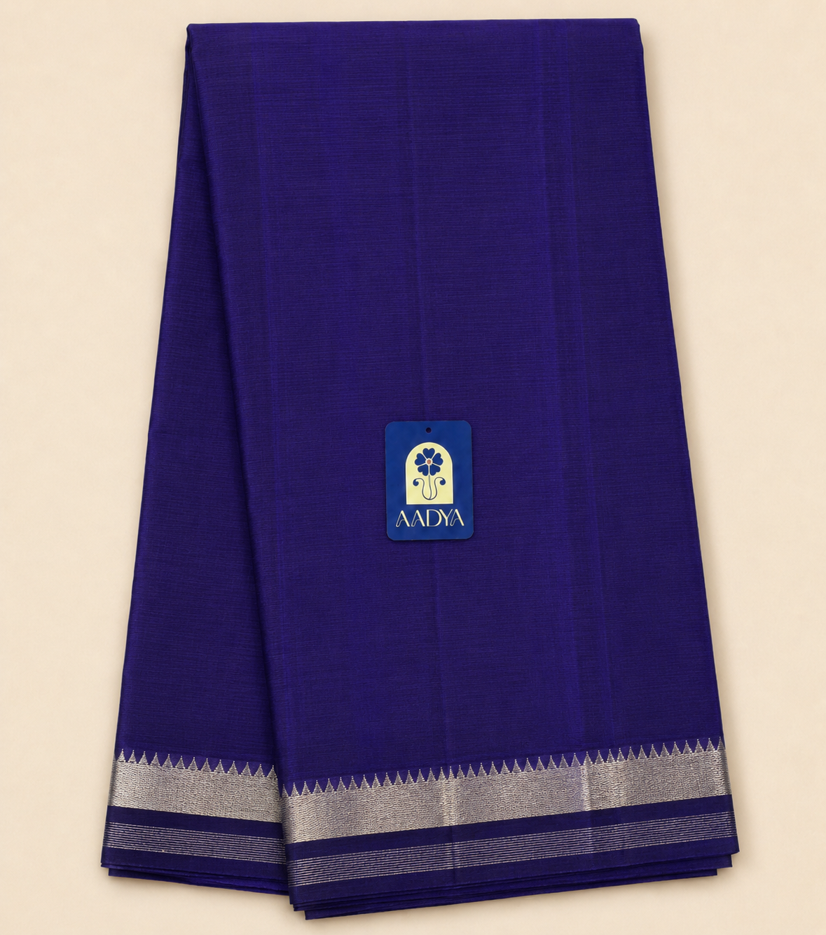 Navy Blue Mangalgiri Sico Saree with Silver Zari Border & Striped Pallu
