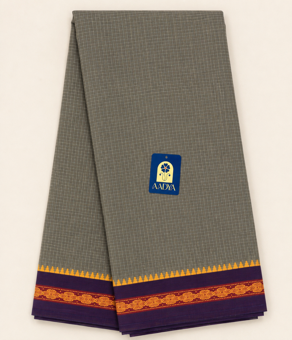 Grey Narayanpet Cotton Saree with Purple Thread-Work Border