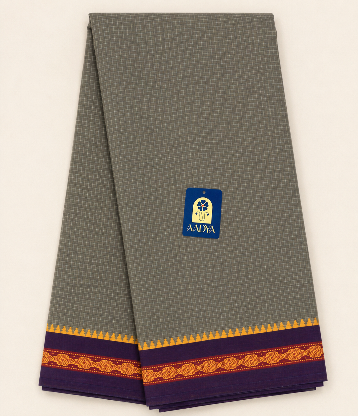 Grey Narayanpet Cotton Saree with Purple Thread-Work Border