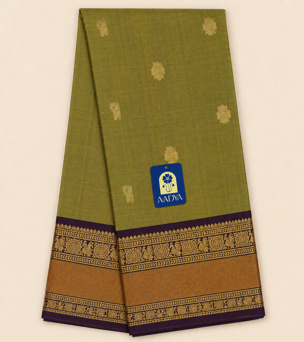 Mehandi Green Gadwal Sico Saree with Zari Buttis & Gold Zari Pallu