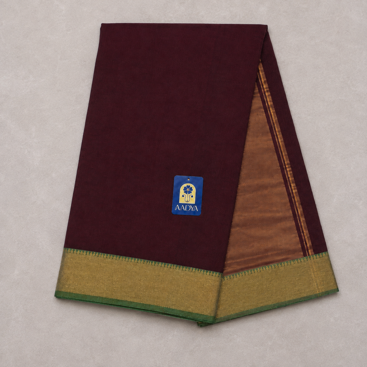Maroon Mangalgiri Cotton Saree with Contrast Green Zari Border & Zari Lines Pallu