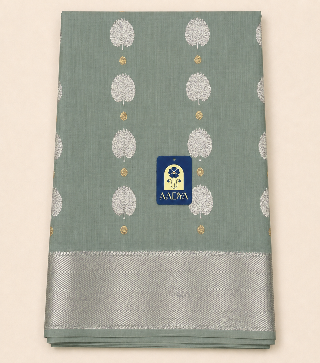 Chanderi Silk Saree in Powder Blue with Silver & Gold Leaf Buttis