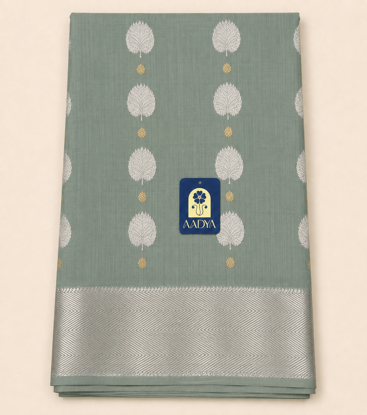 Chanderi Silk Saree in Powder Blue with Silver & Gold Leaf Buttis