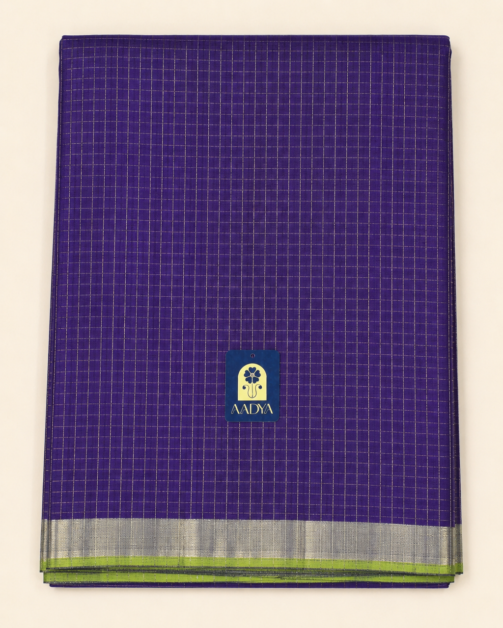 Purple Mangalgiri Sico Saree with Silver Checks & Green Zari Border