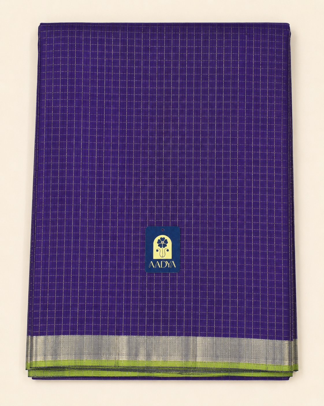 Purple Mangalgiri Sico Saree with Silver Checks & Green Zari Border