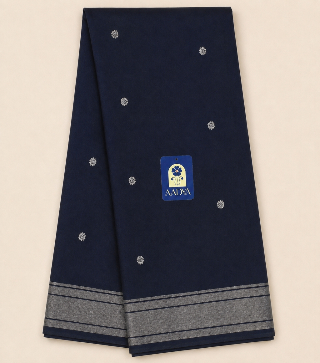 Black Banarasi Silk Saree with Flower Pure Zari Buttis & Silver Zari Paithani Pallu