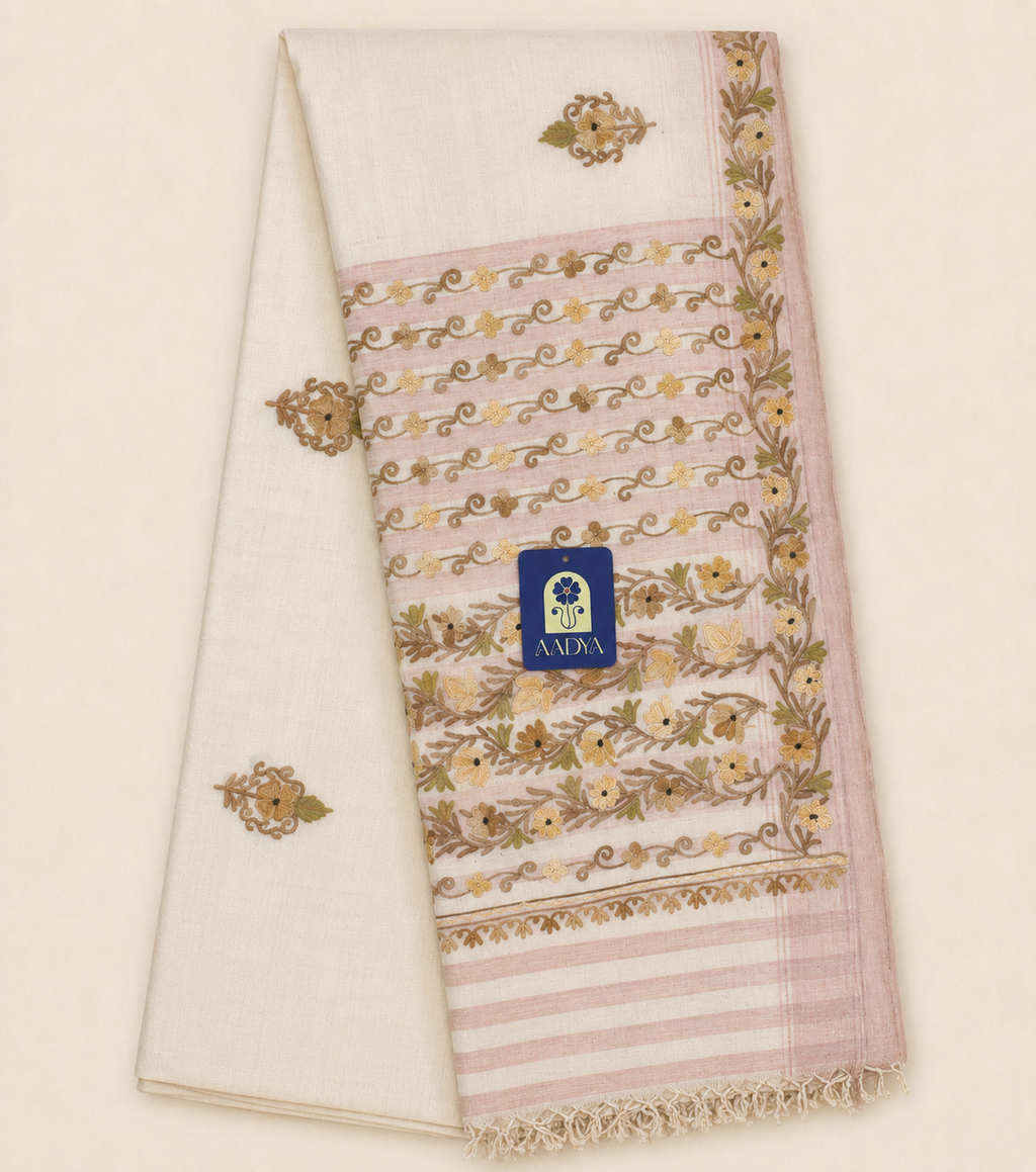 Cream Khadi Cotton Saree with Floral Kashmir Work & Pink Lines Design