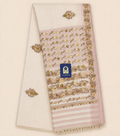 Cream Khadi Cotton Saree with Floral Kashmir Work & Pink Lines Design