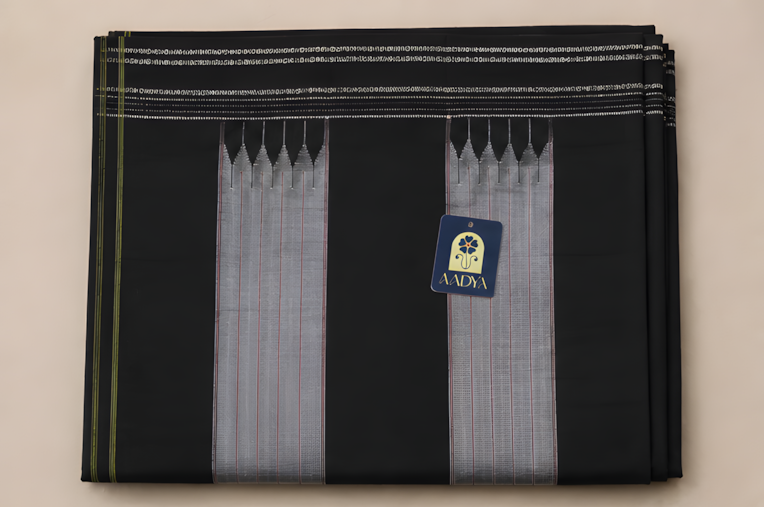 Black Ilkal Cotton Saree with Viscose Rayon Border & Grey Selvage