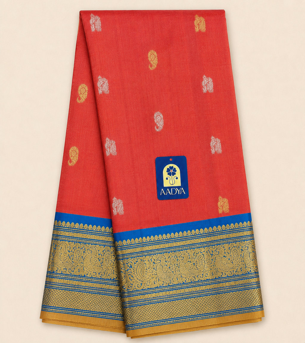Brick Red Gadwal Silk Saree with Gold & Silver Peacock and Mango Buttis, Teal Blue Zari Border