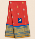 Brick Red Gadwal Silk Saree with Gold & Silver Peacock and Mango Buttis, Teal Blue Zari Border