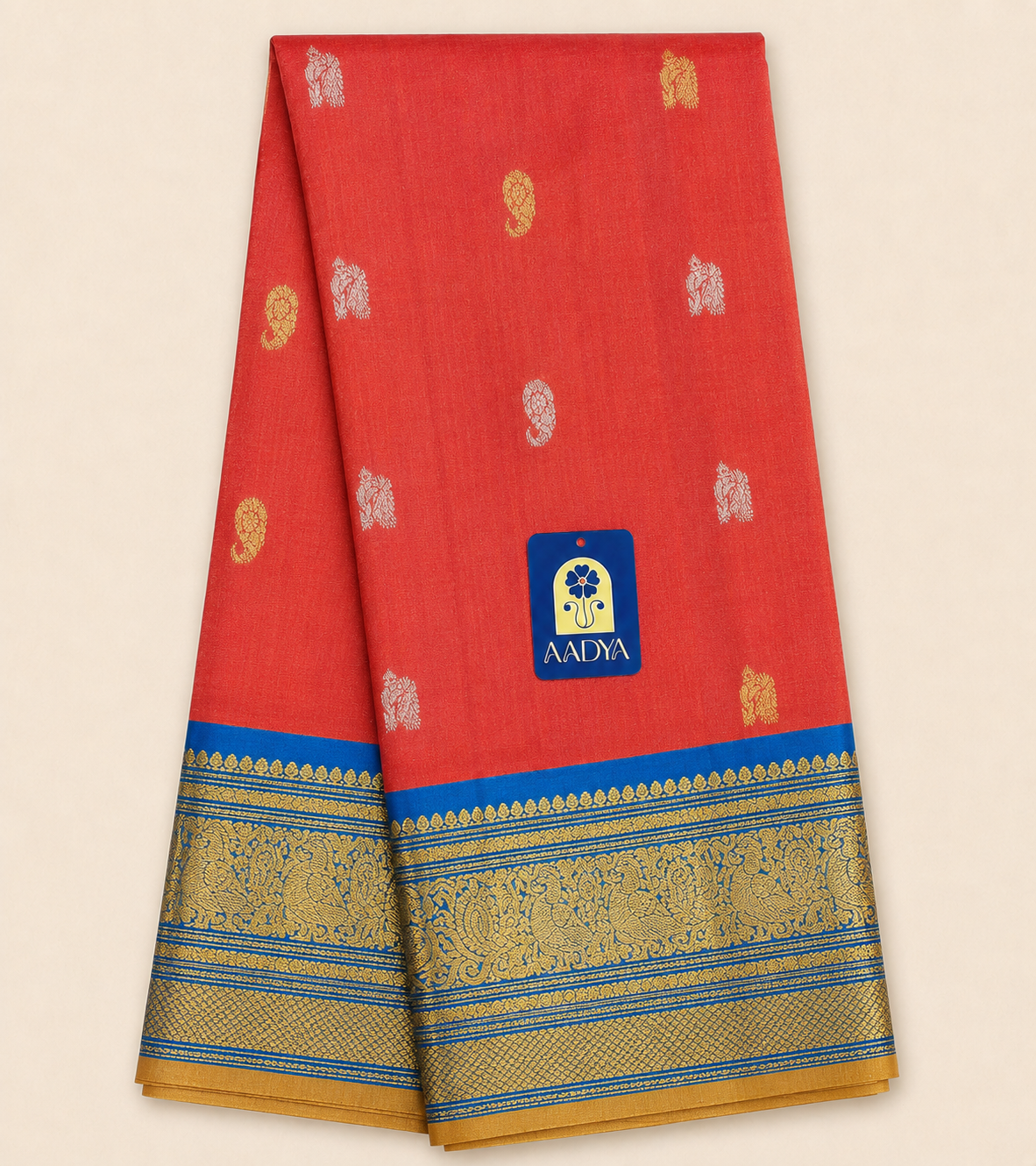 Brick Red Gadwal Silk Saree with Gold & Silver Peacock and Mango Buttis, Teal Blue Zari Border
