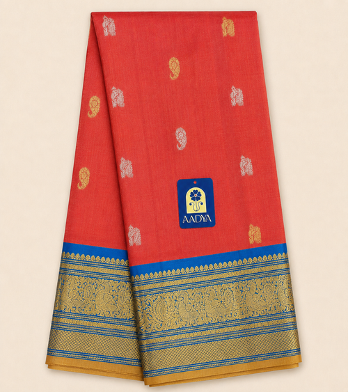Brick Red Gadwal Silk Saree with Gold & Silver Peacock and Mango Buttis, Teal Blue Zari Border