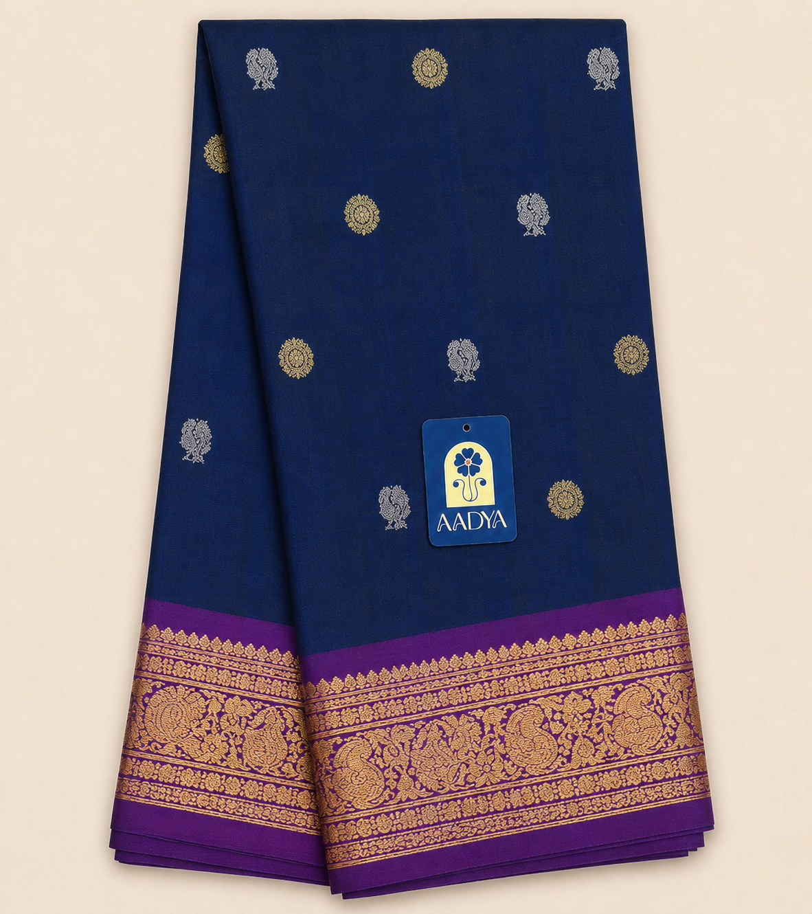 Navy Blue Gadwal Silk Saree with Peacock & Flower Zari Buttis, Magenta Horse & Peacock Border