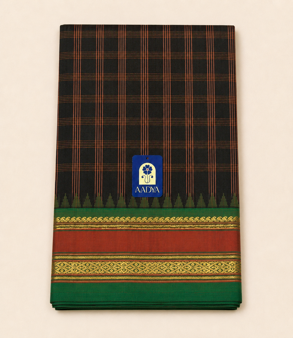 Black and Orange Gadwal Silk Saree with Checks, Temple Design & Ganga Jamuna Zari Border