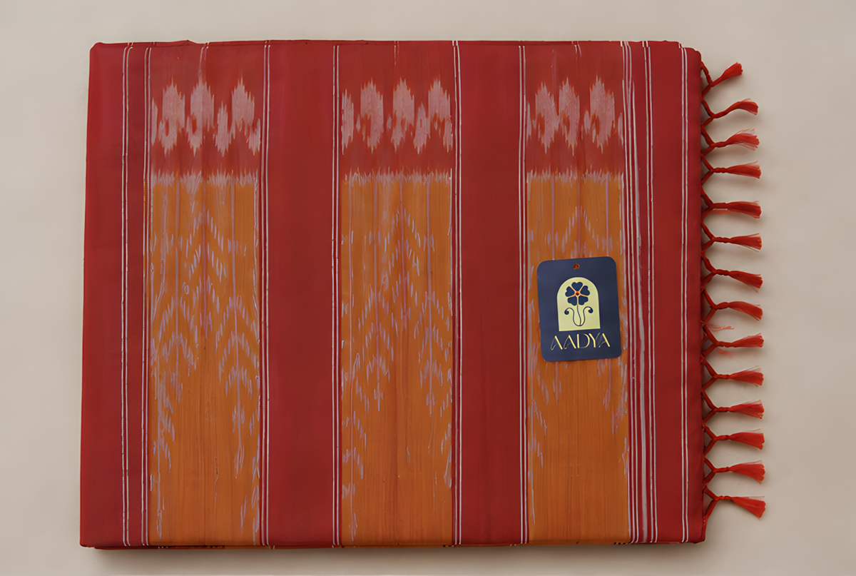 Mustard Yellow Ikat Cotton Saree with Red Mango Butti Border & Leaf Motifs