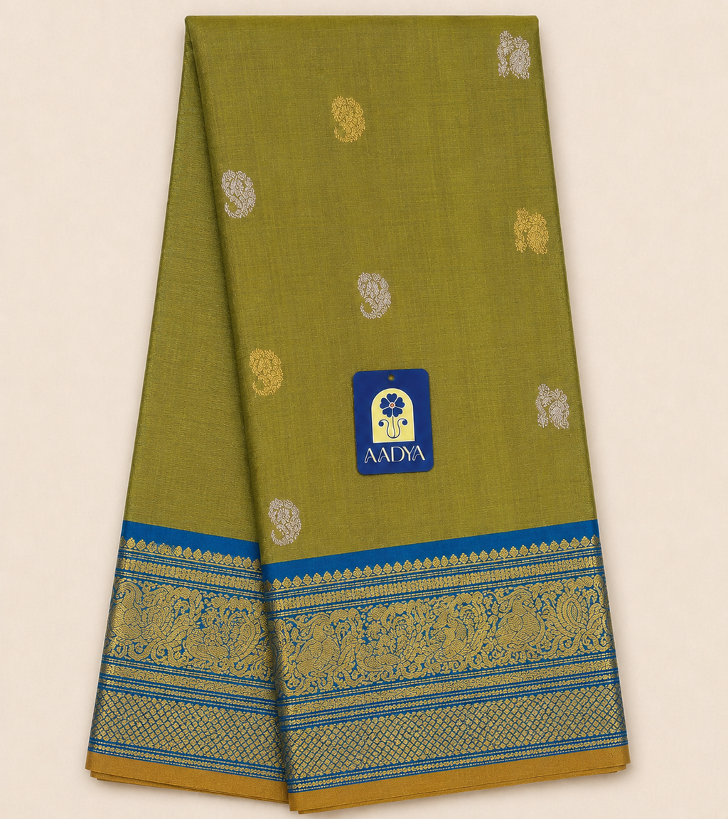Parrot Green Gadwal Silk Saree with Gold & Silver Mango and Peacock Buttis, Peacock Green Zari Border