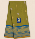 Parrot Green Gadwal Silk Saree with Gold & Silver Mango and Peacock Buttis, Peacock Green Zari Border