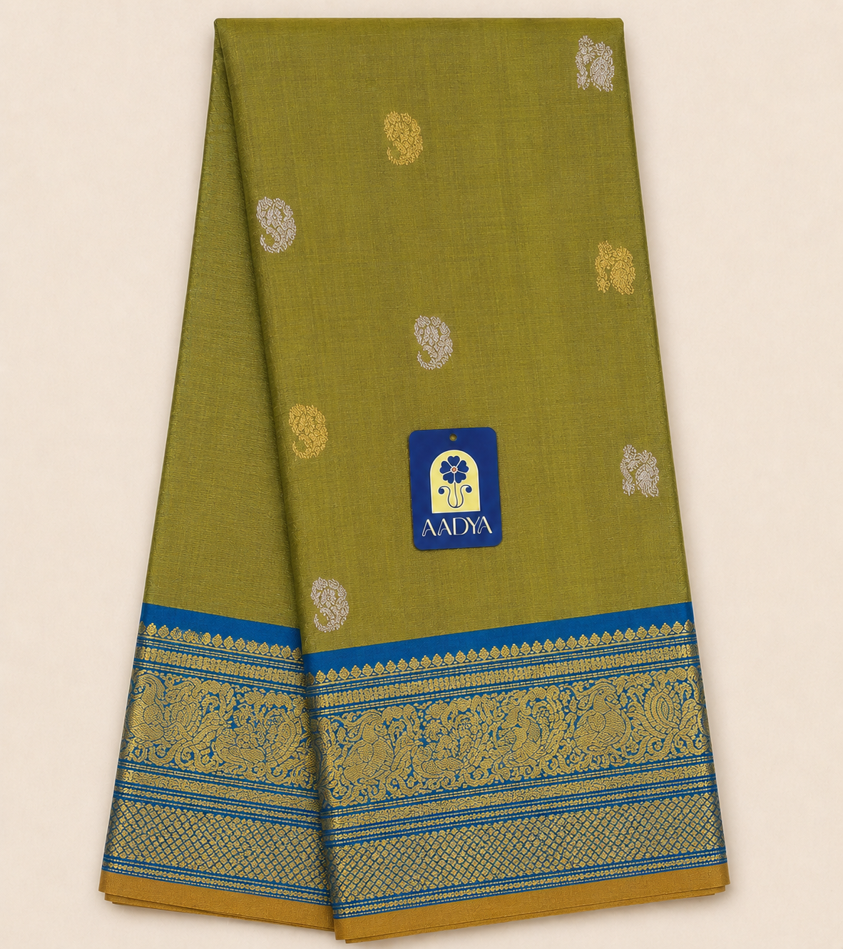 Parrot Green Gadwal Silk Saree with Gold & Silver Mango and Peacock Buttis, Peacock Green Zari Border
