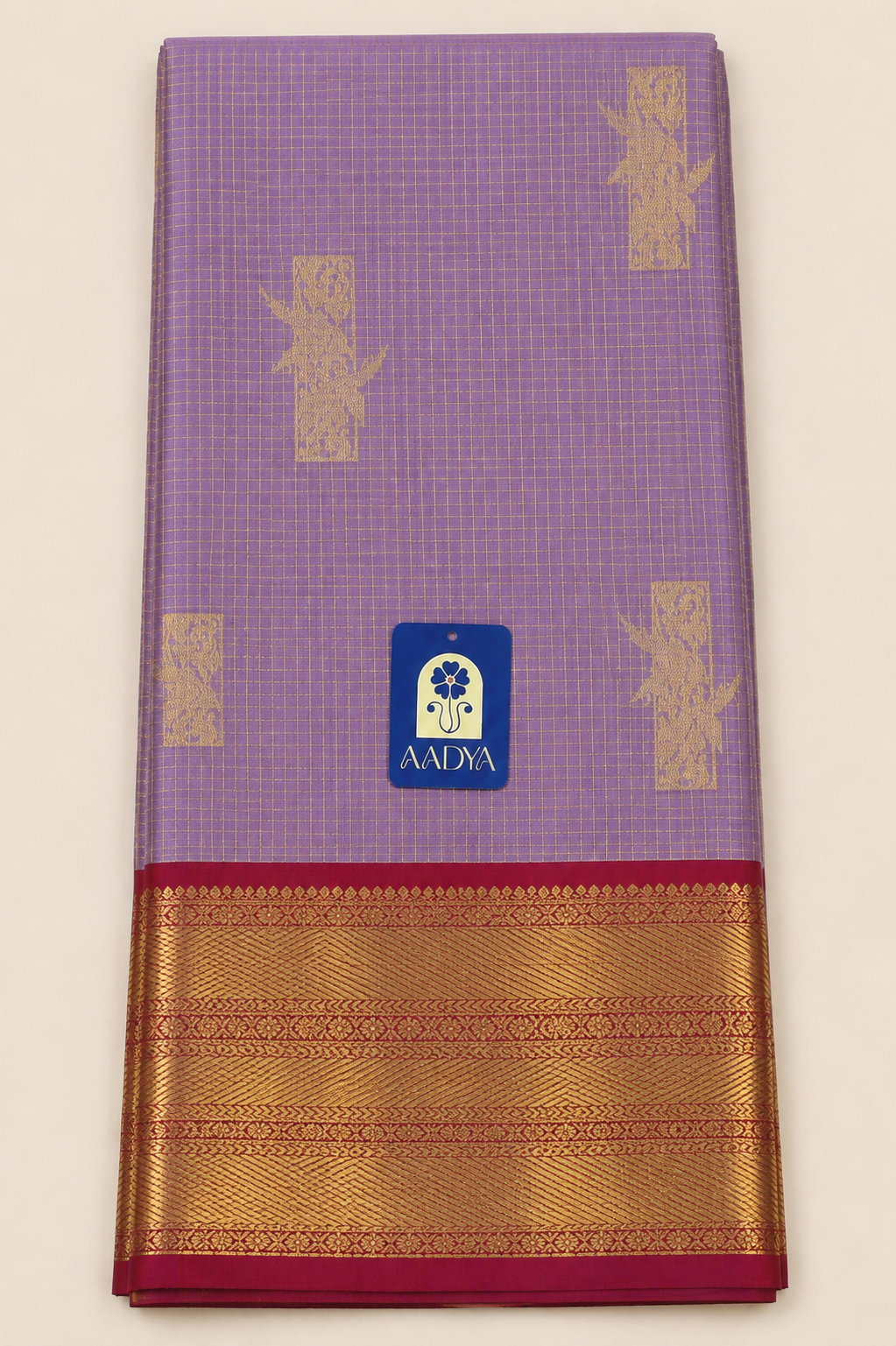 Onion Pink Dharmavaram Silk Saree with Pillar Zari Buttis, Checks & Maroon Gold Zari Border