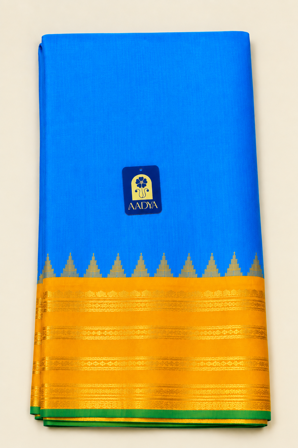 Gadwal Silk Saree in Peacock Blue with Yellow Geometric Zari Border