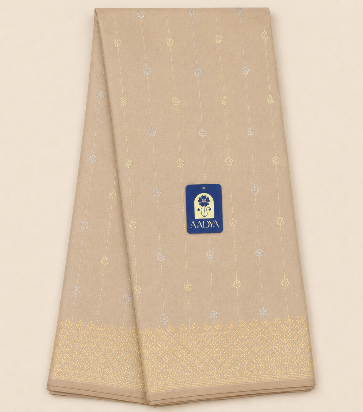 Light Beige Banaras Silk Saree with Lotus & Bird Silver-Gold Buttis