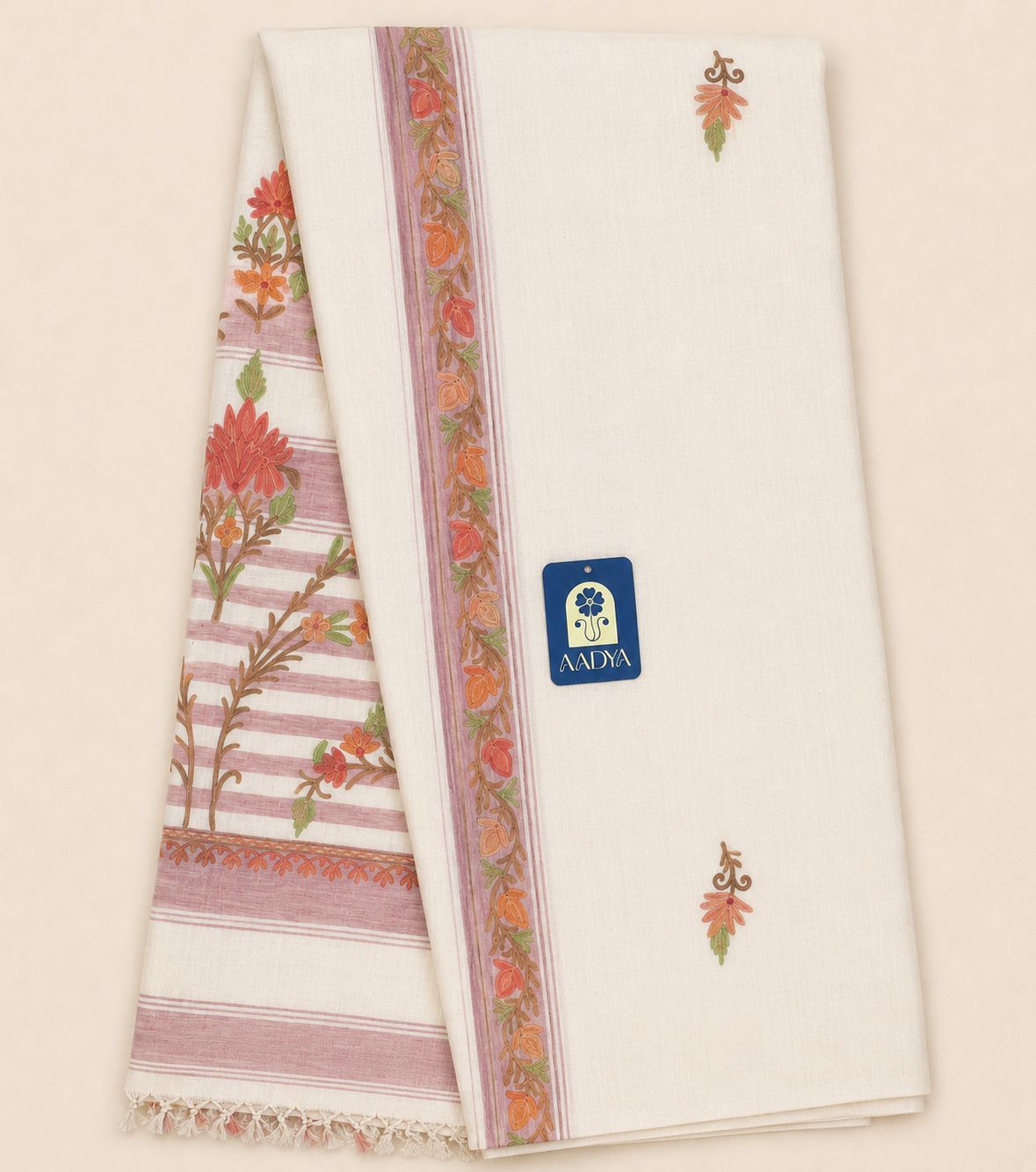 Cream Khadi Cotton Saree with Floral Buttis & Light Pink Kashmir Work Border